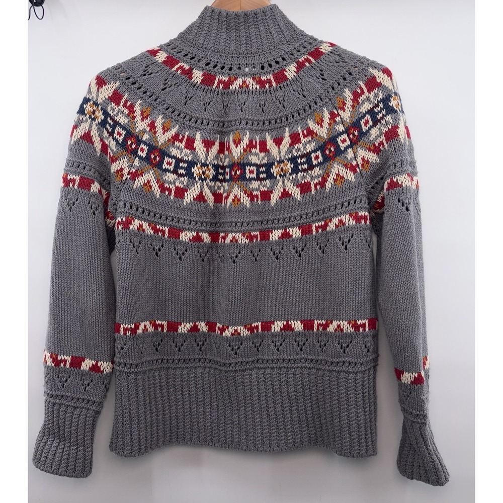 LL Bean Signature 100% Cotton Fisherman Fair Isle Cardigan Sweater Nordic Thick - Picture 6 of 7